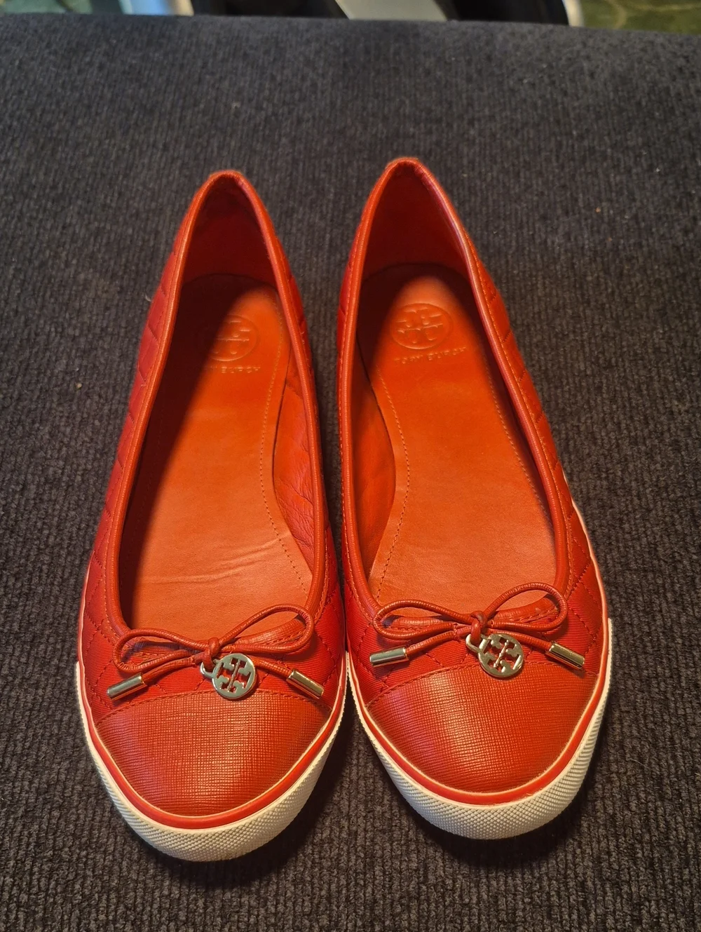 Tory Burch Orange-Red Leather Bow Ballet Flats with Logo Charm